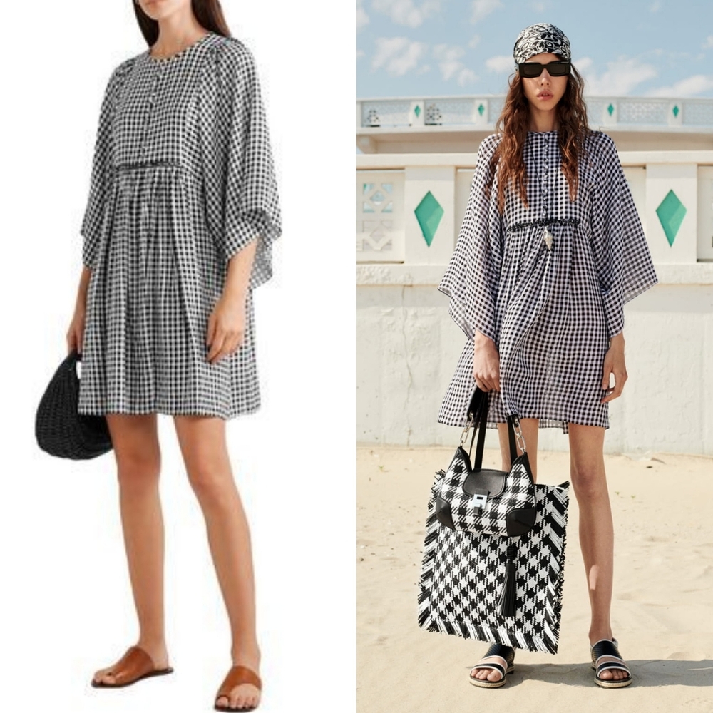 2470$ Michael Kors COLLECTION Gingham Seersucker Georgette Flutter Sleeve Dress